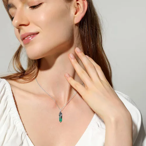 Vista 2 de Bestyle Crystal Necklace Sterling Silver Olive LeafSnake Wrap Clear Quartz Birthstone Pendant with Dainty Silver Rolo Chain, 18"+2", Great Birthday