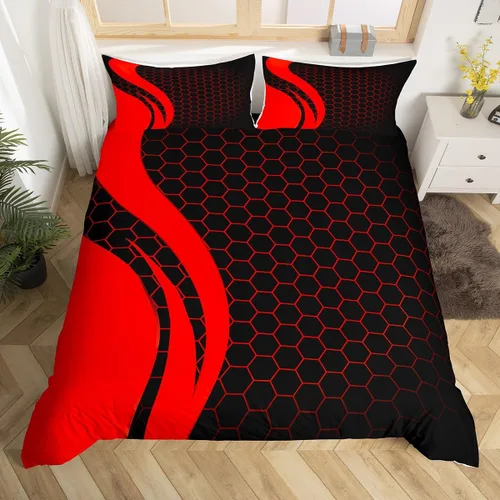 Vista 9 de Juego de ropa de cama de panal hexagonal para niños, niñas, adolescentes, funda de edredón geométrica transpirable, colmena geométrica roja y negra