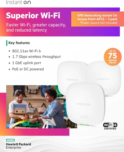 Vista 3 de Punto de acceso inalámbrico HPE Networking AP22 2x2 WiFi 6 para interiores (paquete de 3) Soporte de malla inteligente de largo alcance, seguro