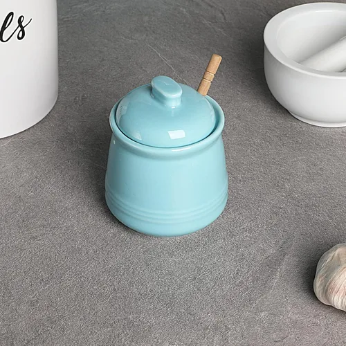 Vista 4 de LEETOYI Tarro de miel de porcelana con tapa y cuchara de miel, olla de miel de cerámica, 12 onzas (turquesa)