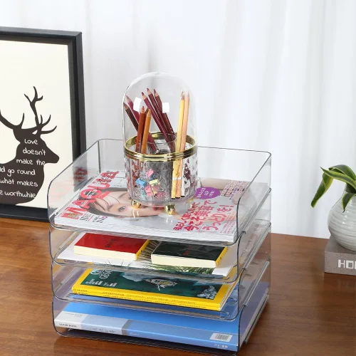 Vista 8 de Bandejas de papel apilables A4 de 3 niveles, soporte para archivos de escritorio de oficina, organizador de documentos y cartas