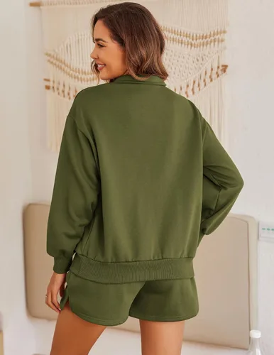 Vista 4 de Ekouaer Sudaderas de gran tamaño con capucha y media cremallera para mujer, conjunto de pantalones cortos de manga larga