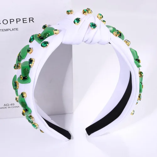 Vista 6 de boderier Diadema del día de San Patricio con sombrero de copa verde, diadema de trébol, accesorios de fiesta anudada de cristal con cuentas