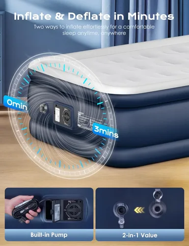 Vista 3 de Colchón de aire twin con bomba incorporada elevada, colchón inflable de 18 pulgadas de alto, colchón inflable eléctrico, cama de inflado rápido
