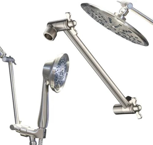 Vista 3 de Brazo de extensión de ducha de 8 pulgadas con cabezal de níquel cepillado. Extensión de brazo de ducha ajustable de latón macizo. Baje o eleve