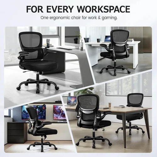 Vista 5 de ALLGOD Silla de oficina ergonómica, silla de escritorio ergonómica de malla transpirable con soporte lumbar, reposabrazos abatibles, sillas