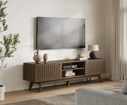 Vista 5 de SICOTAS Soporte de TV de 70 pulgadas de largo para sala de estar, soporte de TV moderno, centro de entretenimiento con 2 gabinetes de Roble café