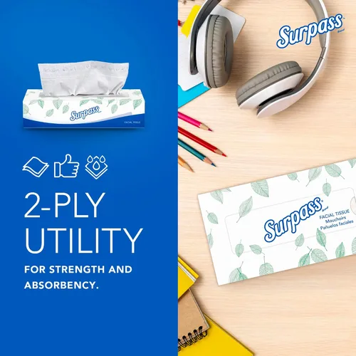 Vista 4 de Surpass® Tejido facial de 2 capas, sin perfume, 100 pañuelos por caja, caja de 30 cajas