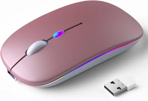 Vista 10 de KANMABPC Mouse inalámbrico Bluetooth – Recargable, silencioso, modo dual (Bluetooth 5.2 y USB) con luces LED – Portátil para laptop, escritorio