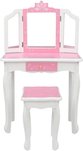 Vista 25 de AOCOROE Juego de mesa de tocador y taburete para niños con espejo, tocador de maquillaje de princesa 2 en 1 con cajón y parte superior desmontable