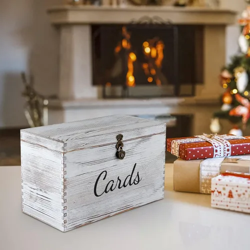 Vista 8 de MDLUU Caja de madera para tarjetas de boda, caja rústica para dinero de boda con cerradura, soporte para sobre, caja de recepción de tarjetas
