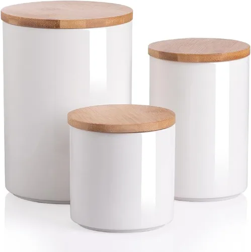 Vista 86 de Botes de Cocina Sweejar Tarro de Cerámica para Almacenamiento de Alimentos, Contenedores Apilables con Tapa de Madera de Sellado Hermético