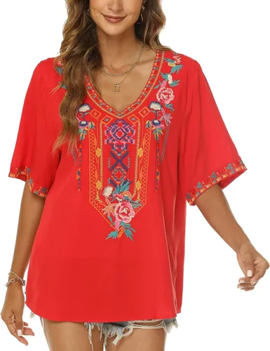 Vista 4 de Vakakado Blusas bordadas estilo campesino mexicano bohemio de manga corta para mujer, estilo hippie