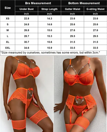 Vista 7 de Avidlove Conjunto de liguero para mujer, lencería sexy de malla con aros, 4 piezas, brasier de cadena S-XXL