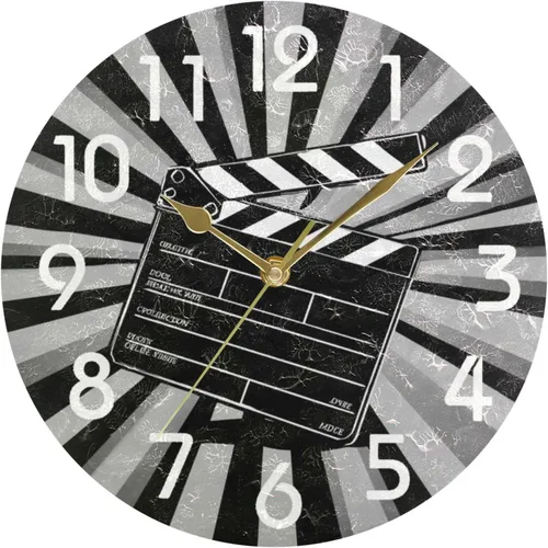 Naanle Reloj de pared redondo retro de cine, 9.5 pulgadas, funciona con pilas, reloj de escritorio analógico silencioso de cuarzo para el hogar,