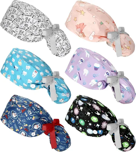 Vista 7 de Honoson 6 piezas de gorras de trabajo dental para mujer, gorras ajustables Bouffant para enfermeras, gorras de pony para peinado turbante para mujer