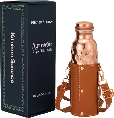 Vista 11 de Kitchen Science Auténtica botella ayurvédica de cobre (34 oz/33.8 fl oz) de cuero para agua potable Probado en laboratorio, a prueba de fugas