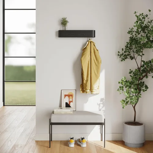 Vista 6 de Kazai. Perchero de pared 'Toke' – Perchero de diseño moderno con ganchos ocultos de pared – Perchero de panel de chapa de madera maciza – Roble