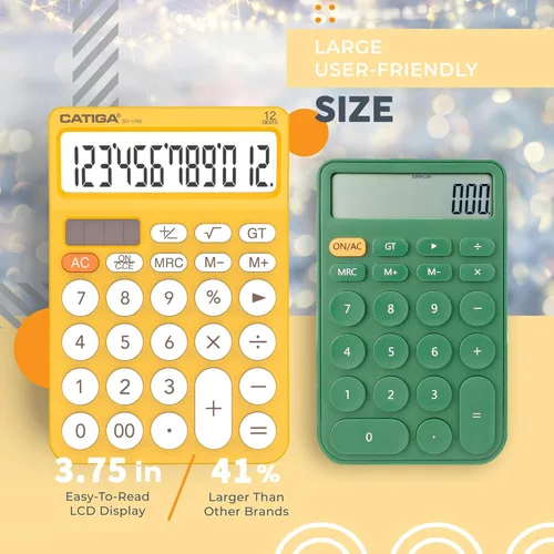 Vista 3 de CATIGA Calculadora de escritorio de 12 dígitos, calculadora básica de escritorio con pantalla LCD grande, botones grandes, 4 funciones, energía dual