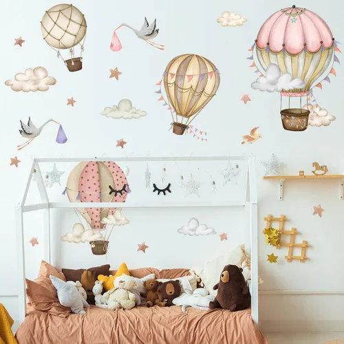 Vista 6 de Globos de aire caliente extraíbles, calcomanías de pared, globos de acuarela, pájaros, estrellas, calcomanías de pared, pintura a mano, globos