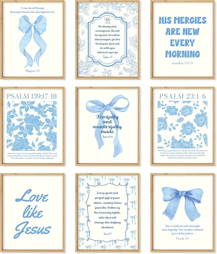 97 Decor Blue And White Jesus Wall Art - Inspirational Christian Posters For Room Aesthetic, Cute Teen Wall Art Light Blue Bow Room Decor For Girls
