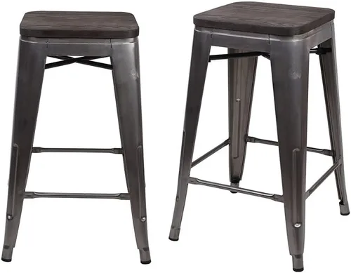 Vista 193 de GIA Taburete de mostrador sin respaldo de 24 pulgadas, cantidad de 4, bronce con asiento de madera clara
