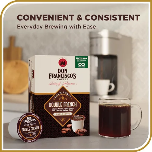Vista 3 de Don Francisco’s Coffee Double French; cápsulas reciclables estilo K-Cup, tueste oscuro, compatibles con cafeteras Keurig (72 unidades)