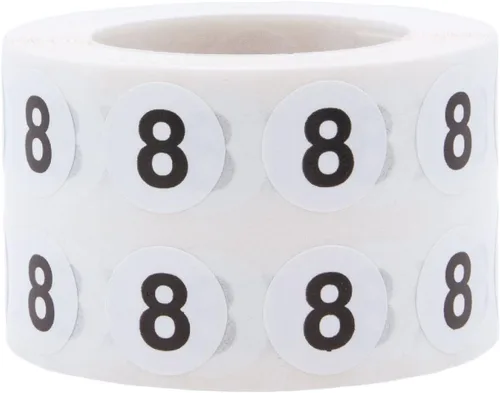 Círculo blanco con calcomanías negras del número 8, redondo de 1/2 pulgada, 1000 etiquetas en un rollo