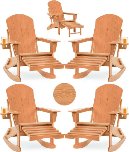 Vista 20 de Mecedora plegable Adirondack, silla de patio multifuncional 4 en 1 con otomana retráctil, silla de exterior con textura de madera, silla de césped