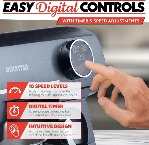 Vista 3 de Gourmia Digital Stand Mixer - 7 QT Tilt-Head Kitchen Mixer with LED Timer, 10 Speeds, Stainless Steel Bowl, Attachments Included, 800W, Silver