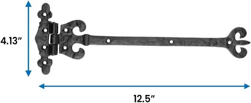 Vista 2 de Bisagra de correa de puerta de hierro forjado negro de 12.5 pulgadas de largo x 4.1 pulgadas de ancho, decorativa, resistente a la corrosión