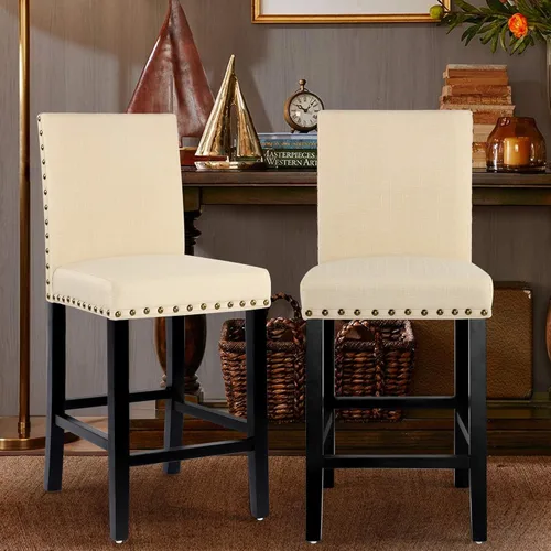 Vista 2 de THKSBOUGHT Taburetes de mostrador para decoración de cabeza de uñas, cojines suaves de 24 pulgadas con patas de madera maciza (juego de 2 beige)