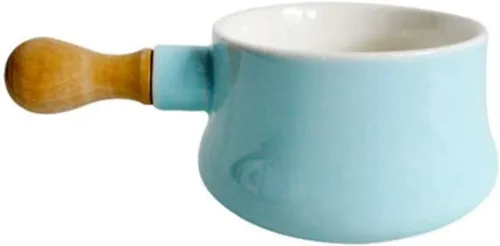 Vista 7 de qiuqiu Olla de leche esmaltada con mango de madera antiadherente de cerámica mini olla calentador de mantequilla sartén vaporera para sopa, Azul
