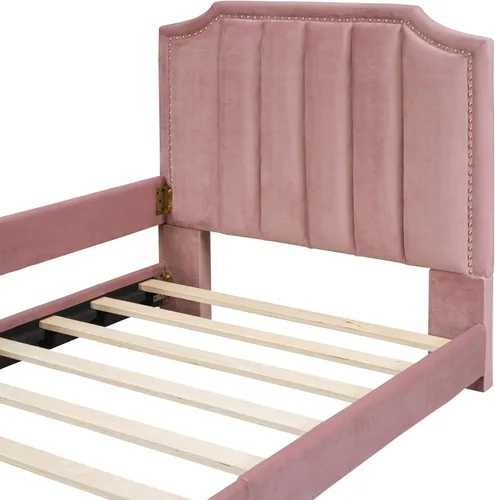 Vista 7 de Sofá cama tapizado tamaño individual, bonito sofá cama de cuero de terciopelo con cabecera clásica en forma de rayas, base de cama de madera