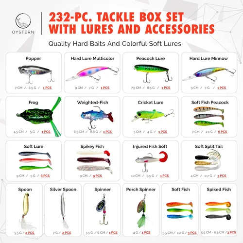 Vista 3 de Kit de pesca de 232 piezas - Caja de aparejos con señuelos, cebos giratorios, cebos, señuelos para lubina y trucha, accesorios