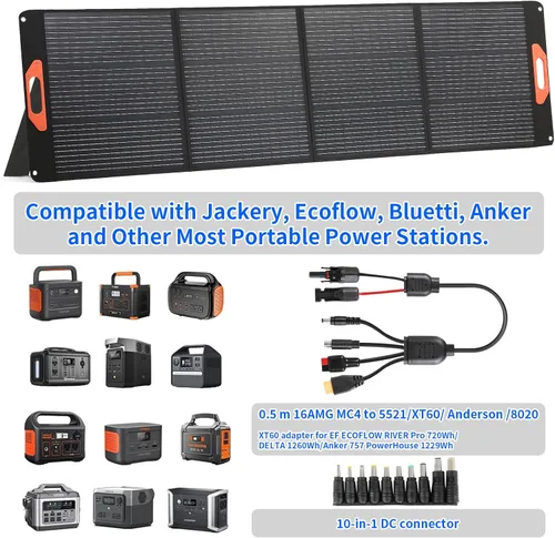 Vista 3 de Panel solar portátil de 200W para estación de energía, compatible con Jackery, Ecoflow, Bluetti, Anker y más estaciones de energía portátiles, 23.5%