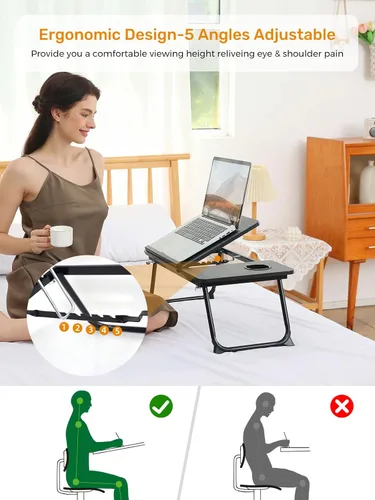 Vista 2 de Escritorio de regazo para sofá, suelo, escritorio de cama ajustable de 5 ángulos con patas plegables y soporte para tazas, mesa de cama ligera