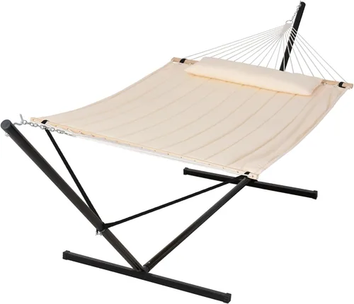 Vista 11 de SUNCREAT Hamaca para dos personas con soporte, capacidad de 475 libras, hamaca portátil para patio con barra separadora de madera dura, almohada