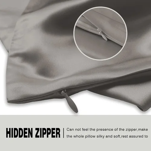 Vista 4 de Funda de almohada de seda de morera natural para cabello y piel, tamaño estándar de 20 x 26 pulgadas, funda de almohada gris con cremallera oculta