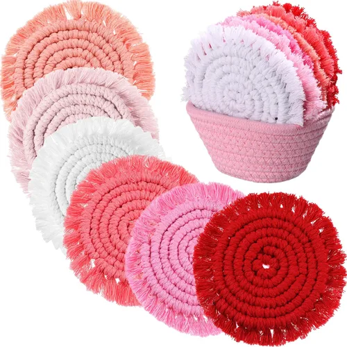 Vista 14 de FoldTier 6 posavasos para bebidas, absorbentes de algodón, estilo bohemio, tejidos, estilo granja, con borlas, macramé, con soporte, regalo