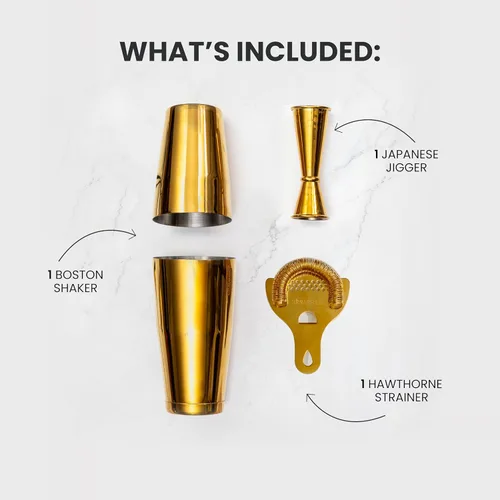 Vista 3 de A Bar Above Juego de coctelera, kit de camarero profesional de 4 piezas con coctelera Boston, colador, jigger y cuchara de bar, accesorios de barra