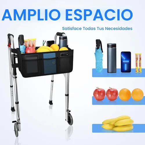 Vista 2 de Dotday Cesta de Andador Mejorada con Portavasos, Bolsa de Andador Plegable con Gran Capacidad y Nunca se Vuelca - No Apta para Rollator