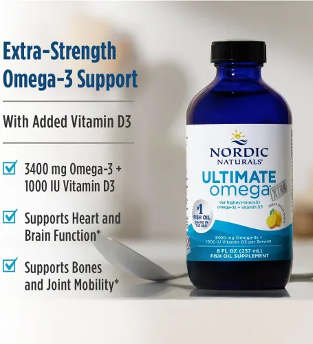 Vista 6 de Nordic Naturals Ultimate Omega Xtra Liquid, sabor a limón, 8 onzas, 3400 mg de omega-3 + 1000 UI de vitamina D3, EPA y DHA, salud cerebral, corazón