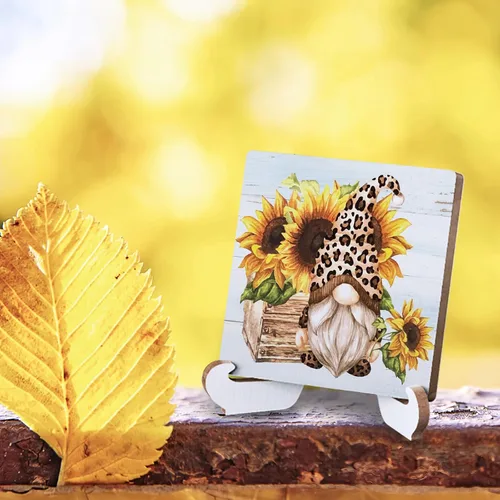 Vista 3 de Siumeili Bonito gnomo de girasol, decoración de escritorio de madera rústica, regalos de girasol para el hogar, granja, oficina, mesa de cocina