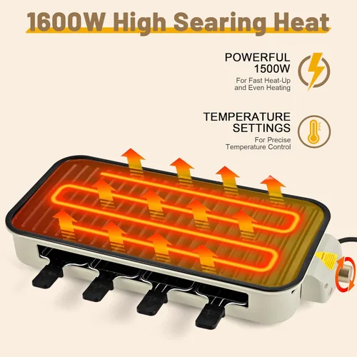 Vista 3 de Pukomc Parrilla Eléctrica para Interior, Parrilla de 2 en 1 para Cocina con Rejilla para Asar y Placa Desmontable Antiadherente, Control