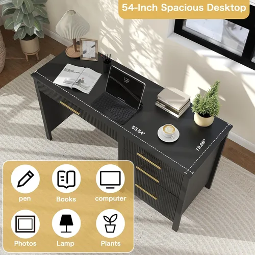 Vista 6 de Modern Executive Desk with Drawers: 54 Inch Black Home Office Desks with File Drawer, Wood Fluted Desk with Storage, Writing Computer Desks with 4