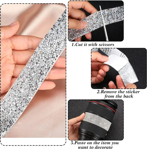 Vista 4 de 4 rollos de cinta autoadhesiva de diamantes de imitación de 8.8 yardas, tiras de diamantes de imitación plateados para manualidades, manualidades