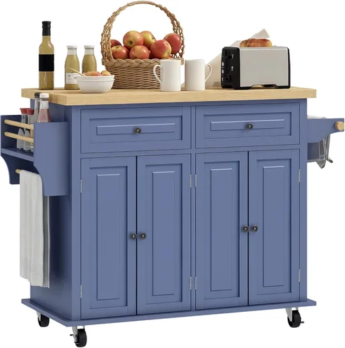 Vista 13 de HOMCOM Carrito de Isla de Cocina con Superficie de Madera de Caucho, Mesa de Isla de Cocina Rodante sobre Ruedas con Cajones, Estantes Ajustables