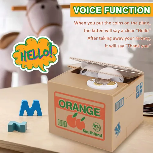 Vista 7 de Barelove - Hucha para niños, contador de monedas y efectivo con diseño de cajero automático, con voz inteligente y función de robo, seguro con Gato
