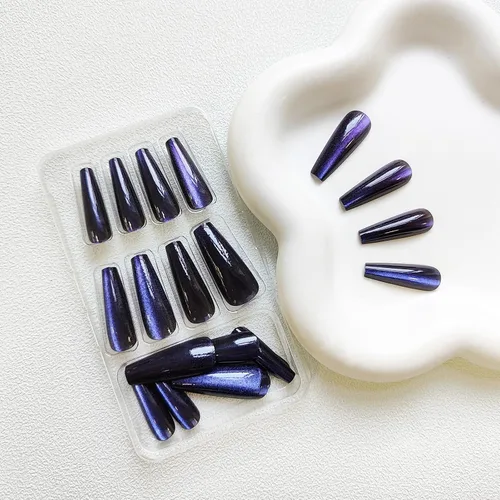 Vista 3 de Uñas postizas a presión largas, con brillo azul y diseño, acabado acrílico brillante, de cobertura completa, uñas postizas reutilizables